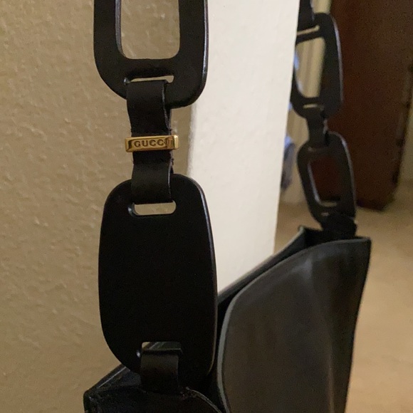 Vintage NEW GUCCI sleek black leather shoulder bag crossbody handbag w/wood RARE - Picture 5 of 13